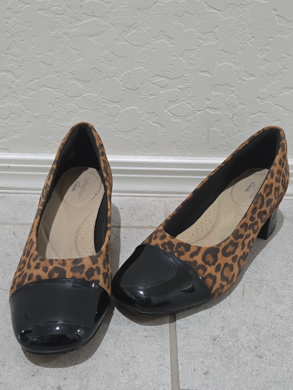 Clarks Leopard Print Pumps with Black Patent Cap Toe